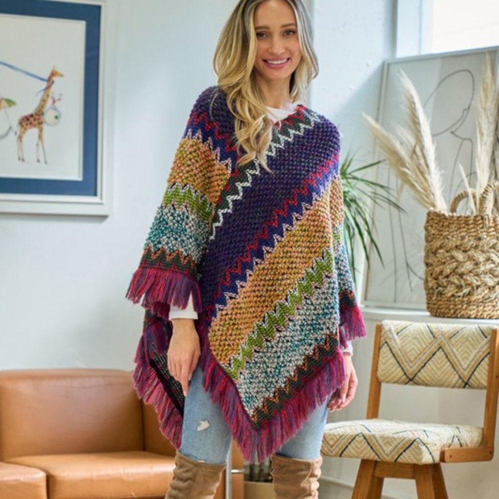 new ON BLUE PONCHO BOHEMIAN HIPPIE STEVIE KNICK SM-XXL western SHABBY CHIC